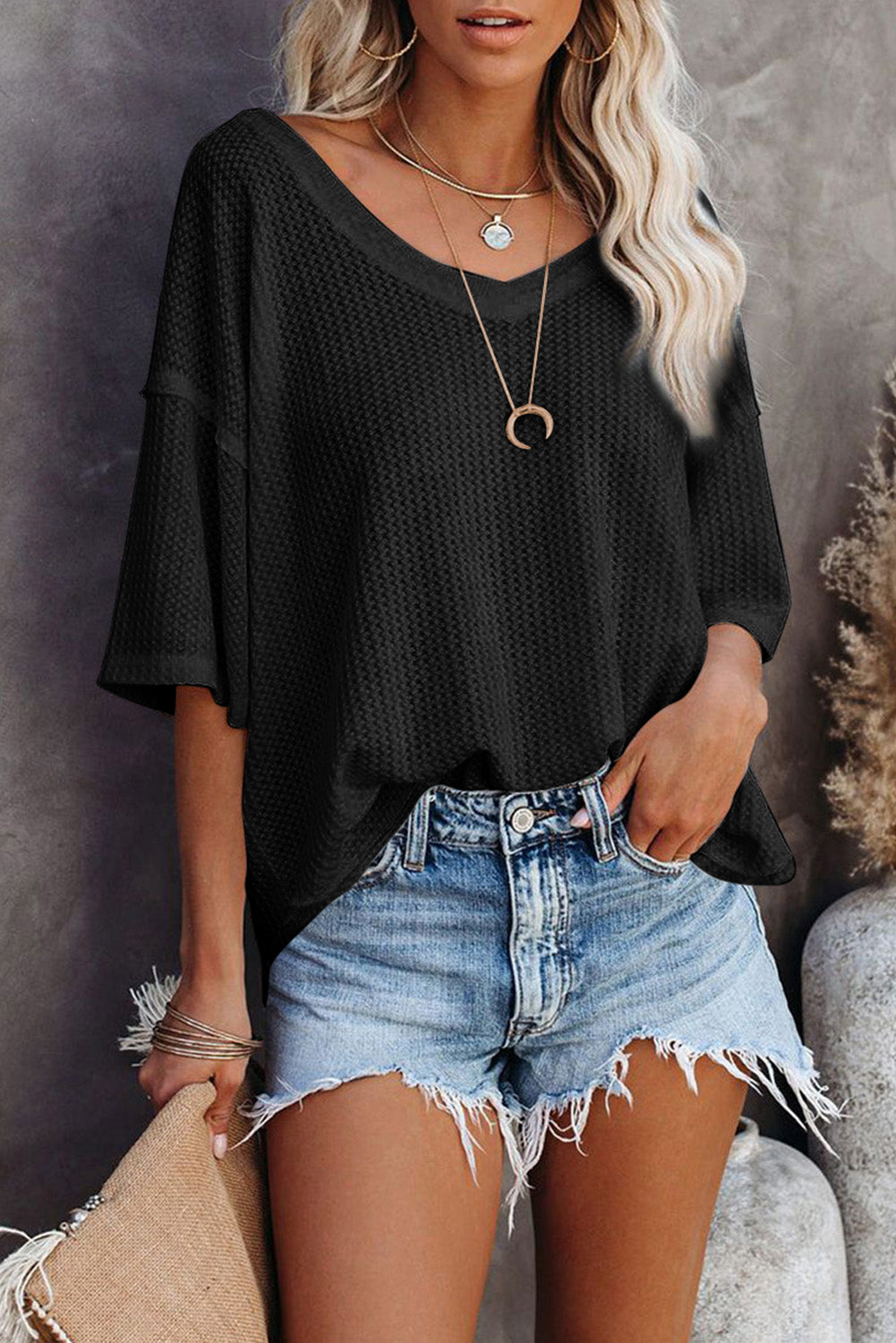 White Waffle Knit Casual Drop Shoulder Loose Top