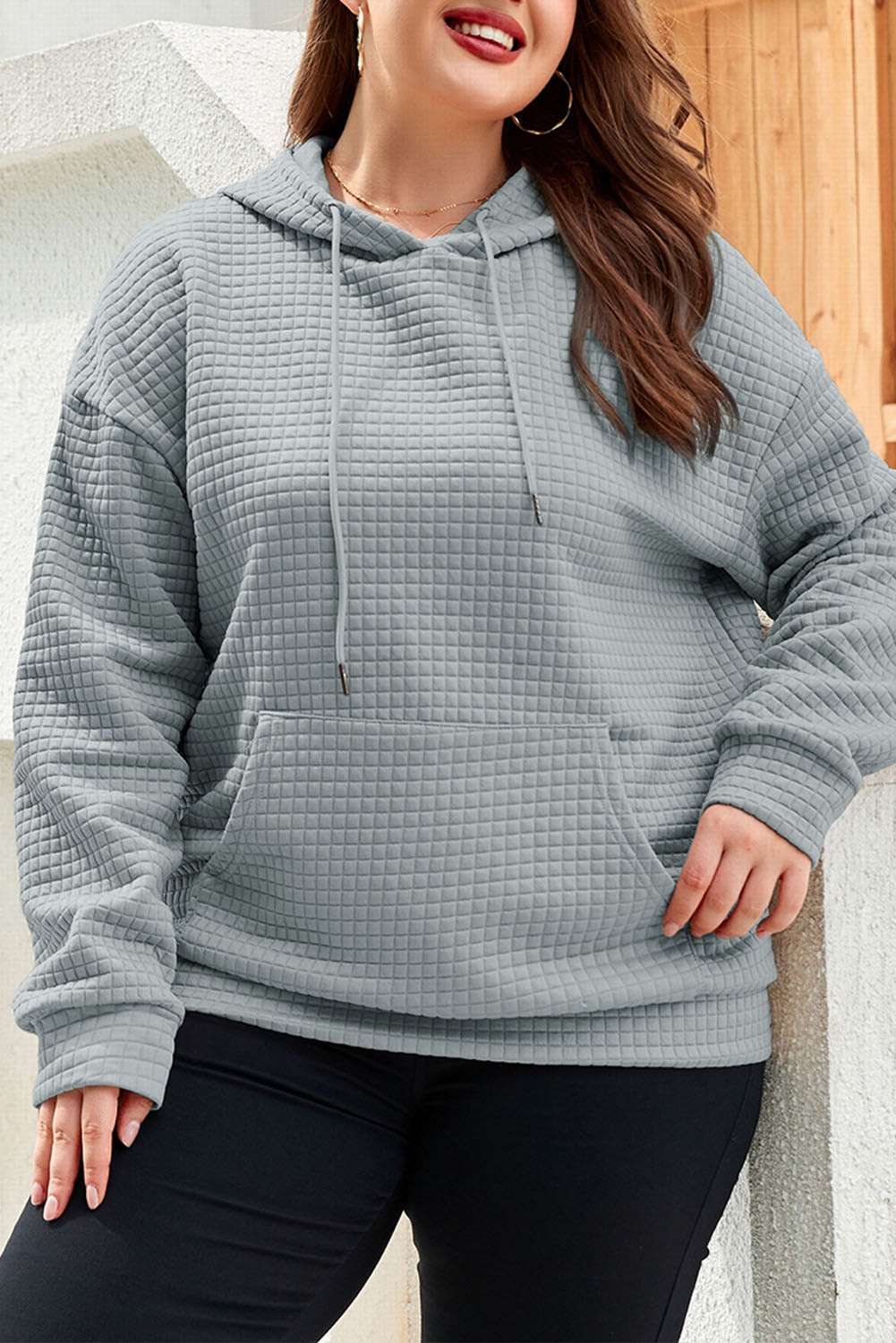 Gray Plain Kangaroo Pockets Quilted Plus Size Hoodie