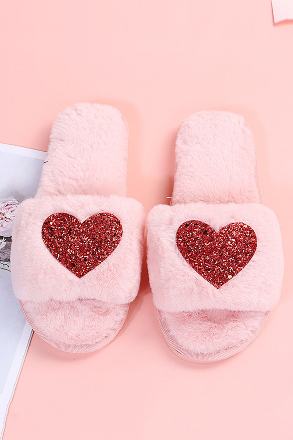 Pink Sequin Heart Shaped Slip On Plush Slippers