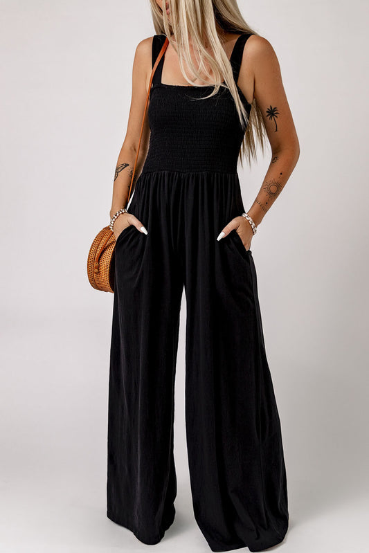 Black Casual Smocked Sleeveless Wide Leg Jumpsuit With Pockets