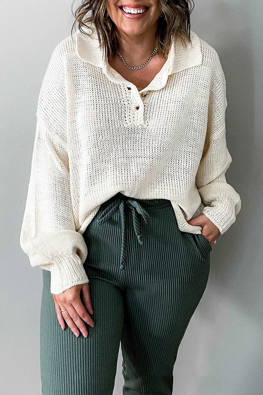Beige Casual Plus Size Button V Neck Polo Sweater