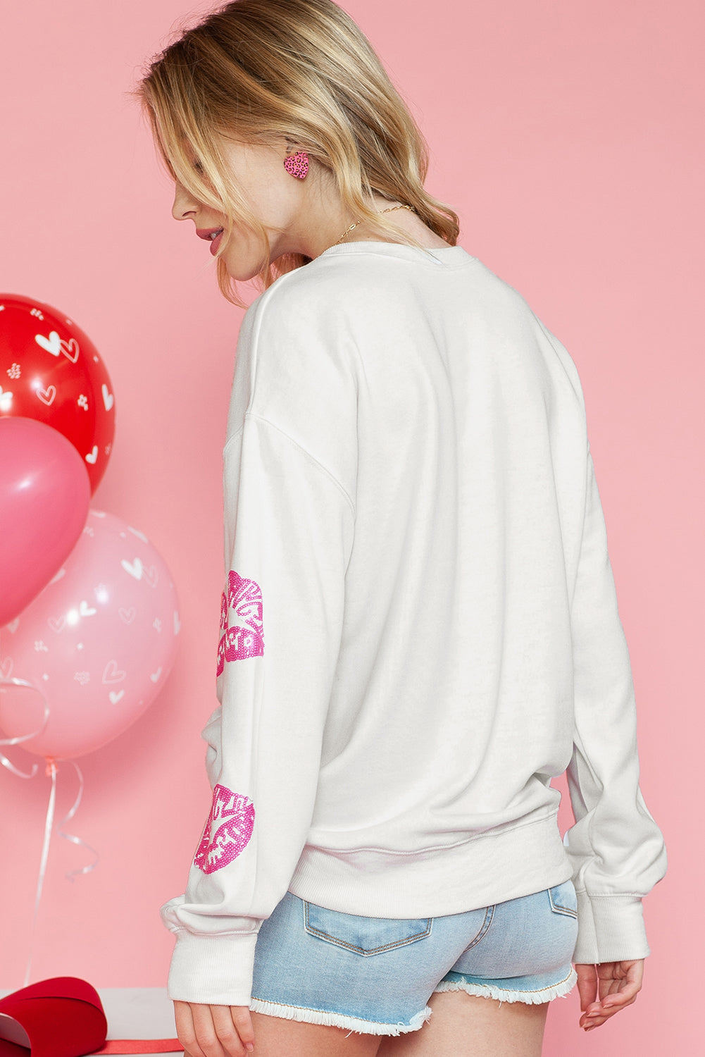 White Valentines Day Lip Print Sequin Label Graphic Sweatshirt