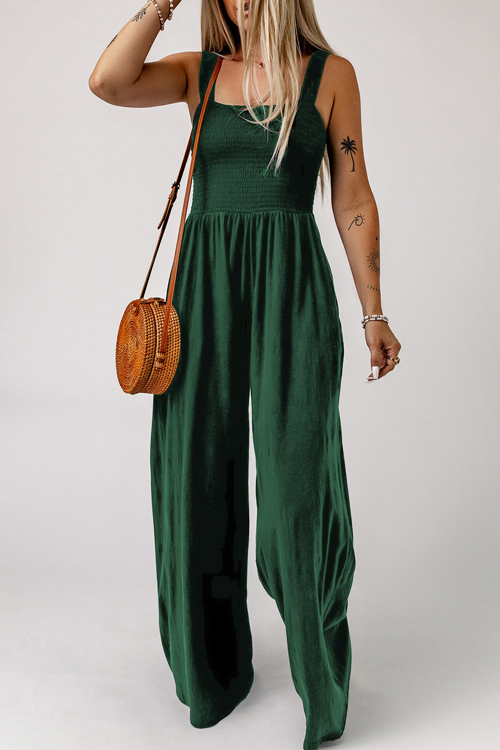 Black Casual Smocked Sleeveless Wide Leg Jumpsuit With Pockets
