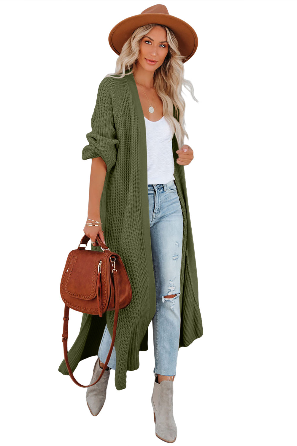 Beige Cable Knit Side Slits Open Front Duster Cardigan