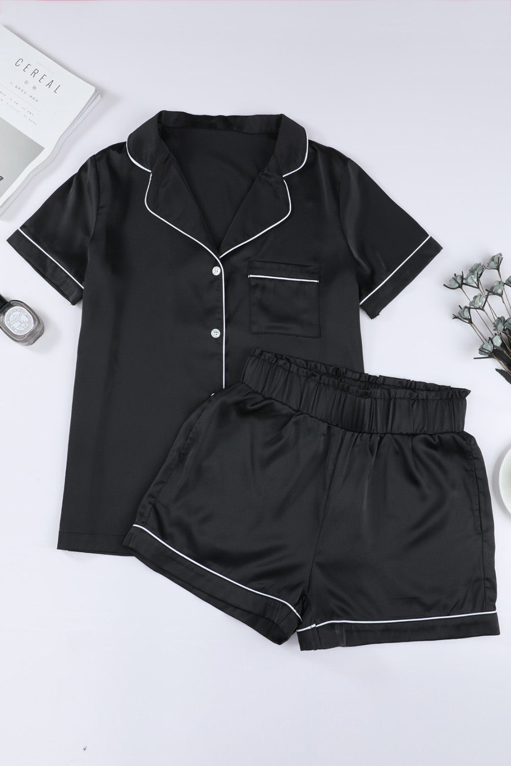 Black Contrast Trim Short Sleeve Two Piece Pajamas Set