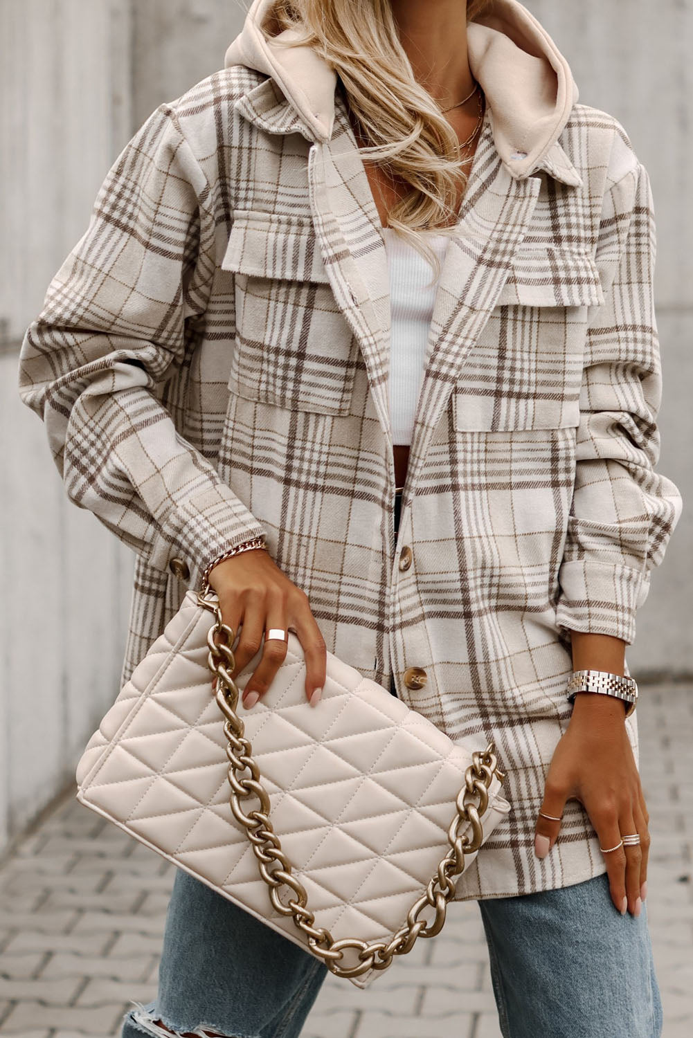 Khaki Plaid Removable Hooded Button Up Jacket