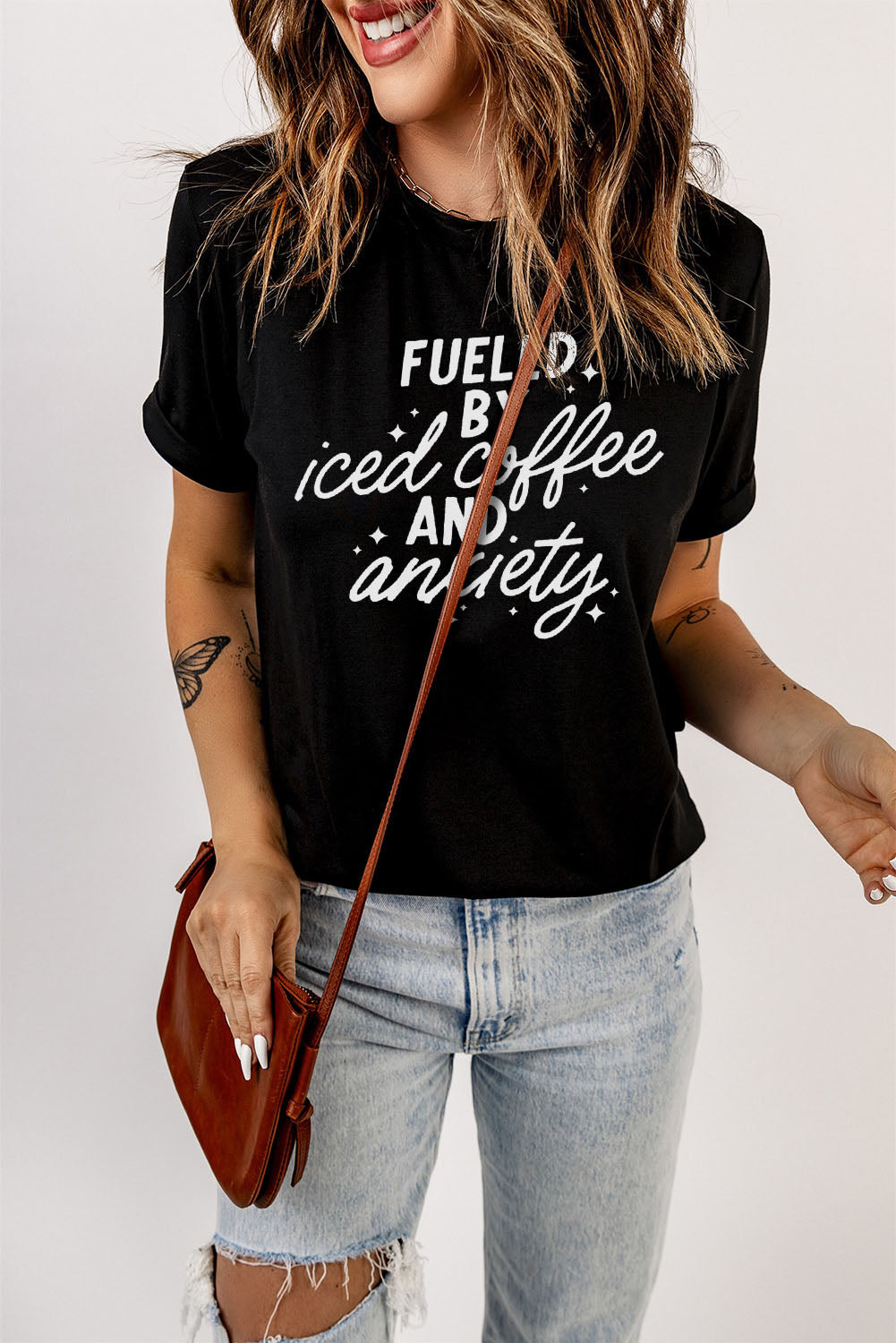 Black FUELED BY iced coffee AND anxiety Letter Print Graphic Tee