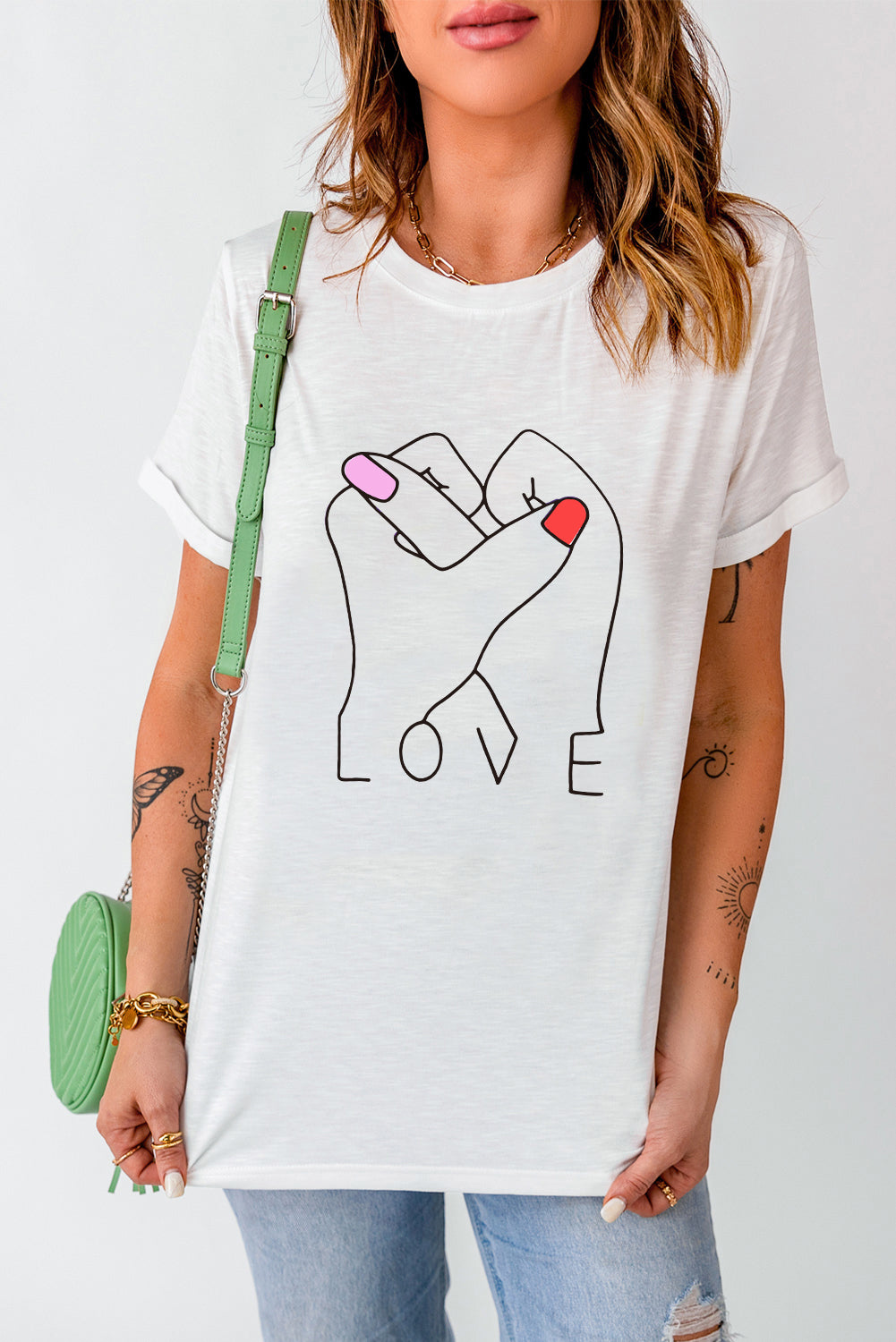 White Valentine LOVE Gesture Graphic Crew Neck T Shirt