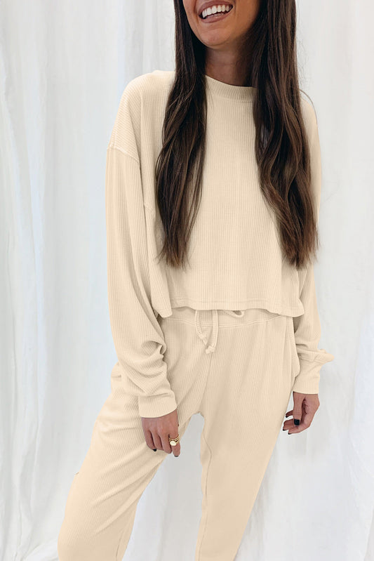 Apricot Ribbed Long Sleeve Top and Drawstring Pants Two Piece Set