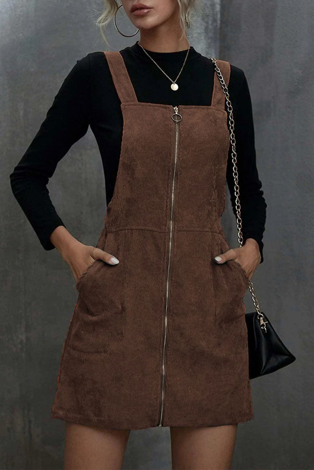 Brown Pockets Zip Up Ribbed Overall Dress