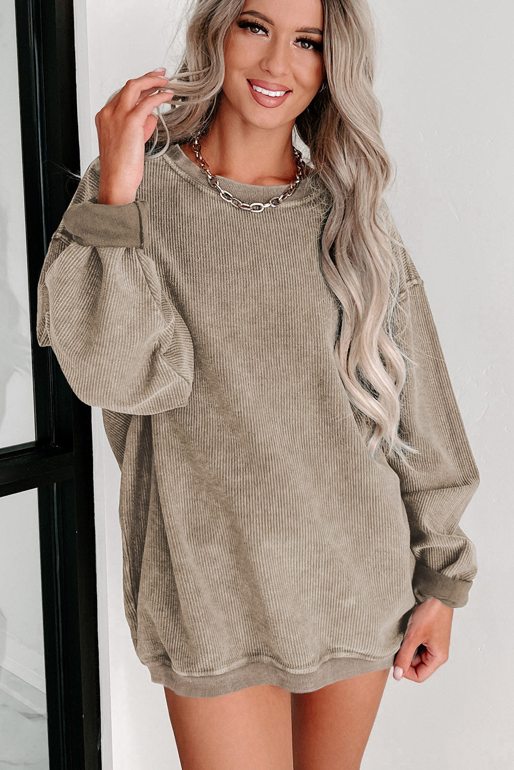 Blue Plain Solid Ribbed Knit Round Neck Pullover Sweatshirt