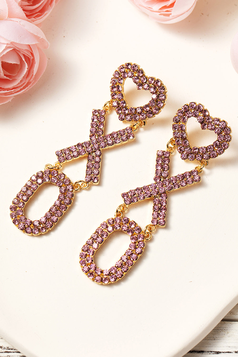 Bright Pink Valentine Heart XOXO Rhinestone Earrings