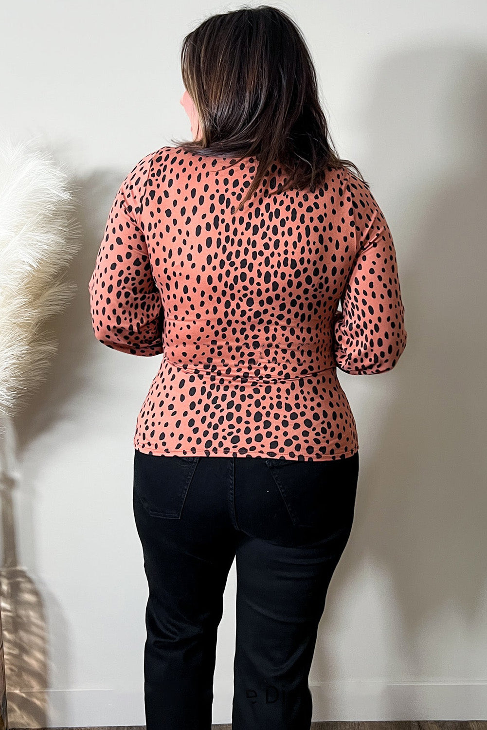 Leopard Plus Size Puff Sleeve V Neck Lace-up Slim Top