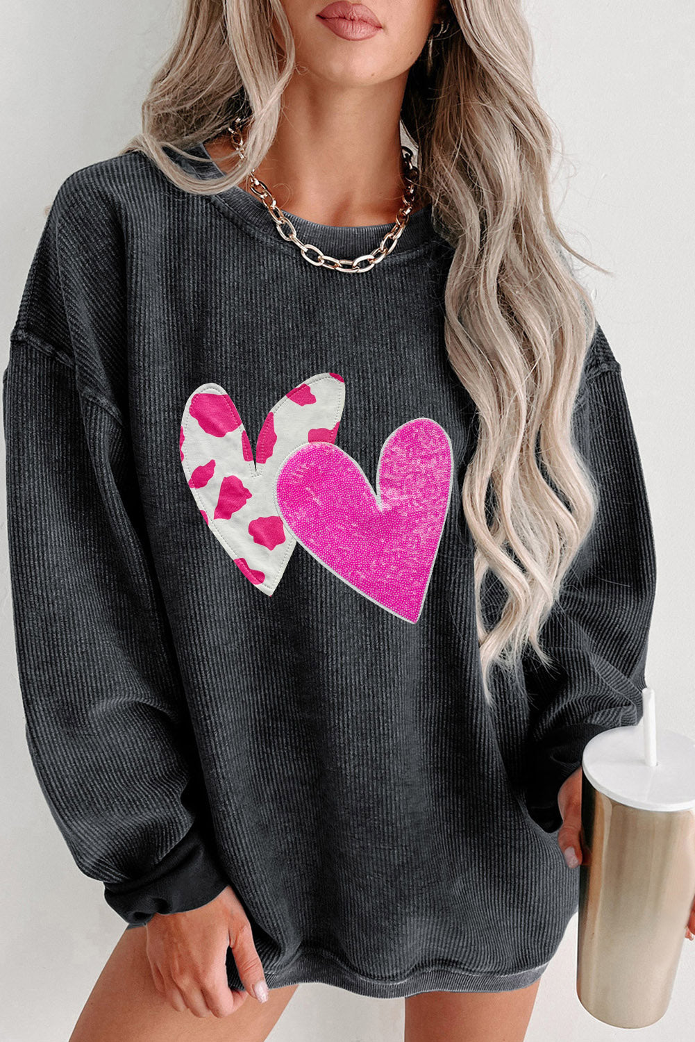 Black Valentines Double Heart Sequin Graphic Corded Sweatshirt