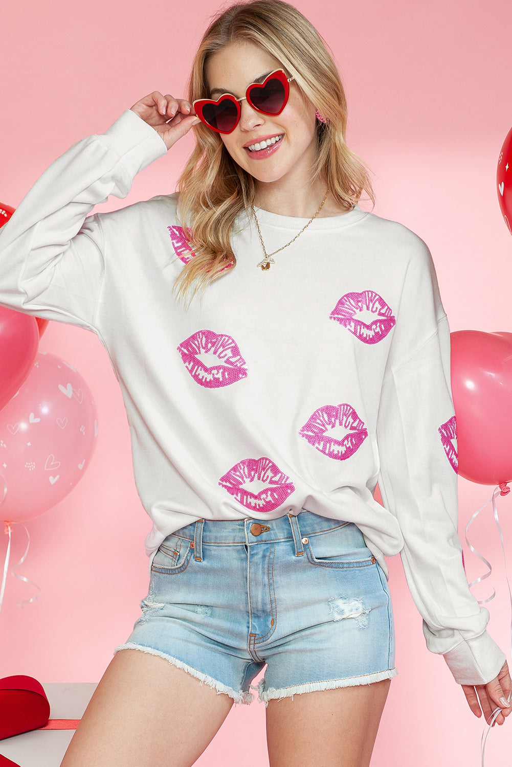 White Valentines Day Lip Print Sequin Label Graphic Sweatshirt