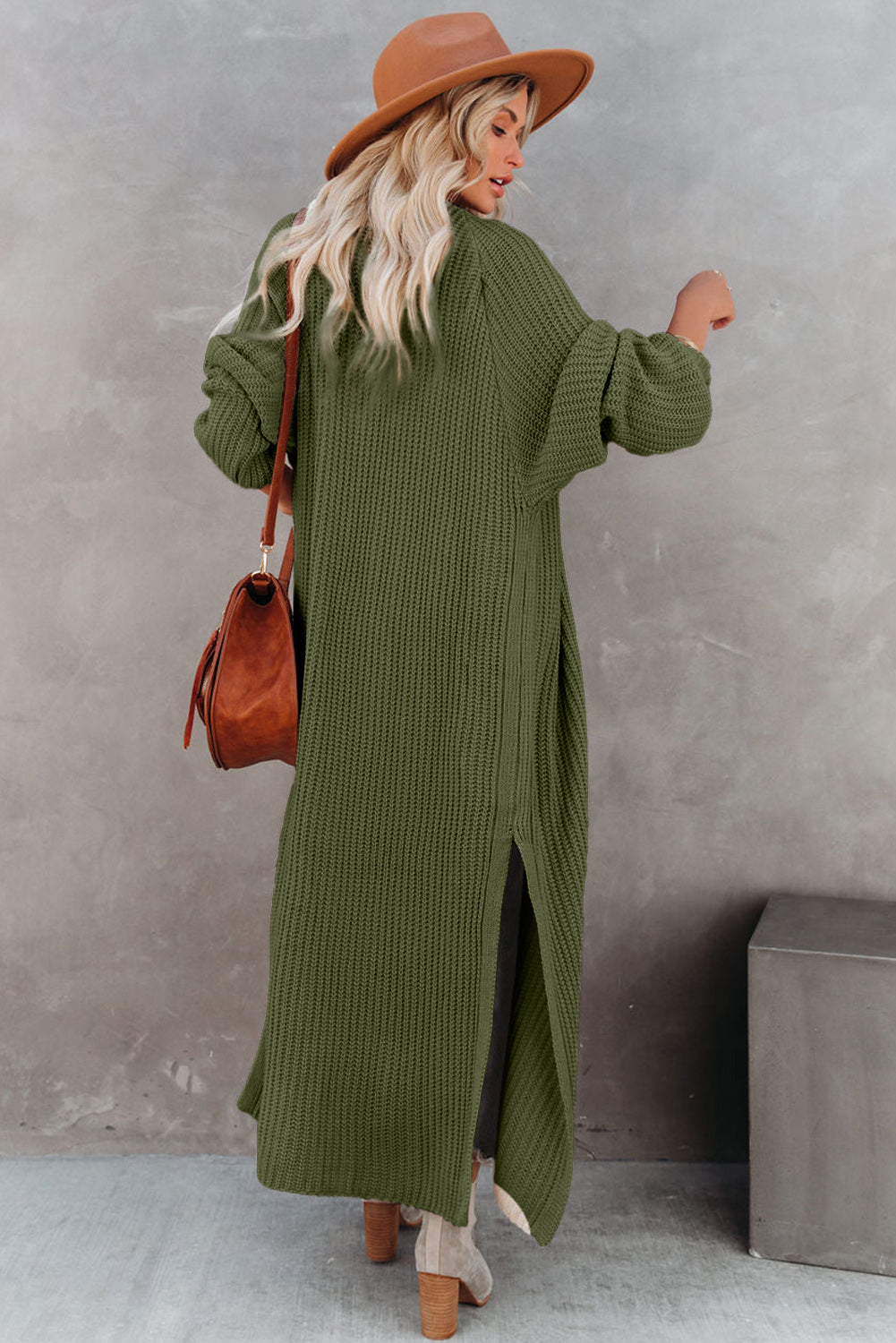 Beige Cable Knit Side Slits Open Front Duster Cardigan