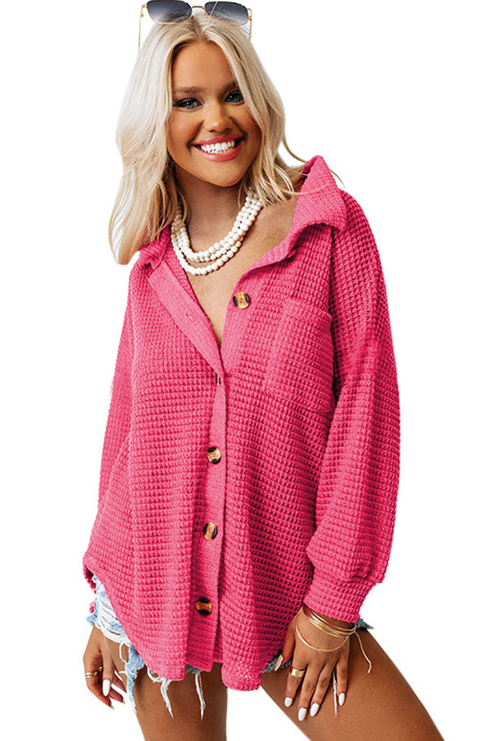 Pocket Buttons Front Waffle Knit Shacket