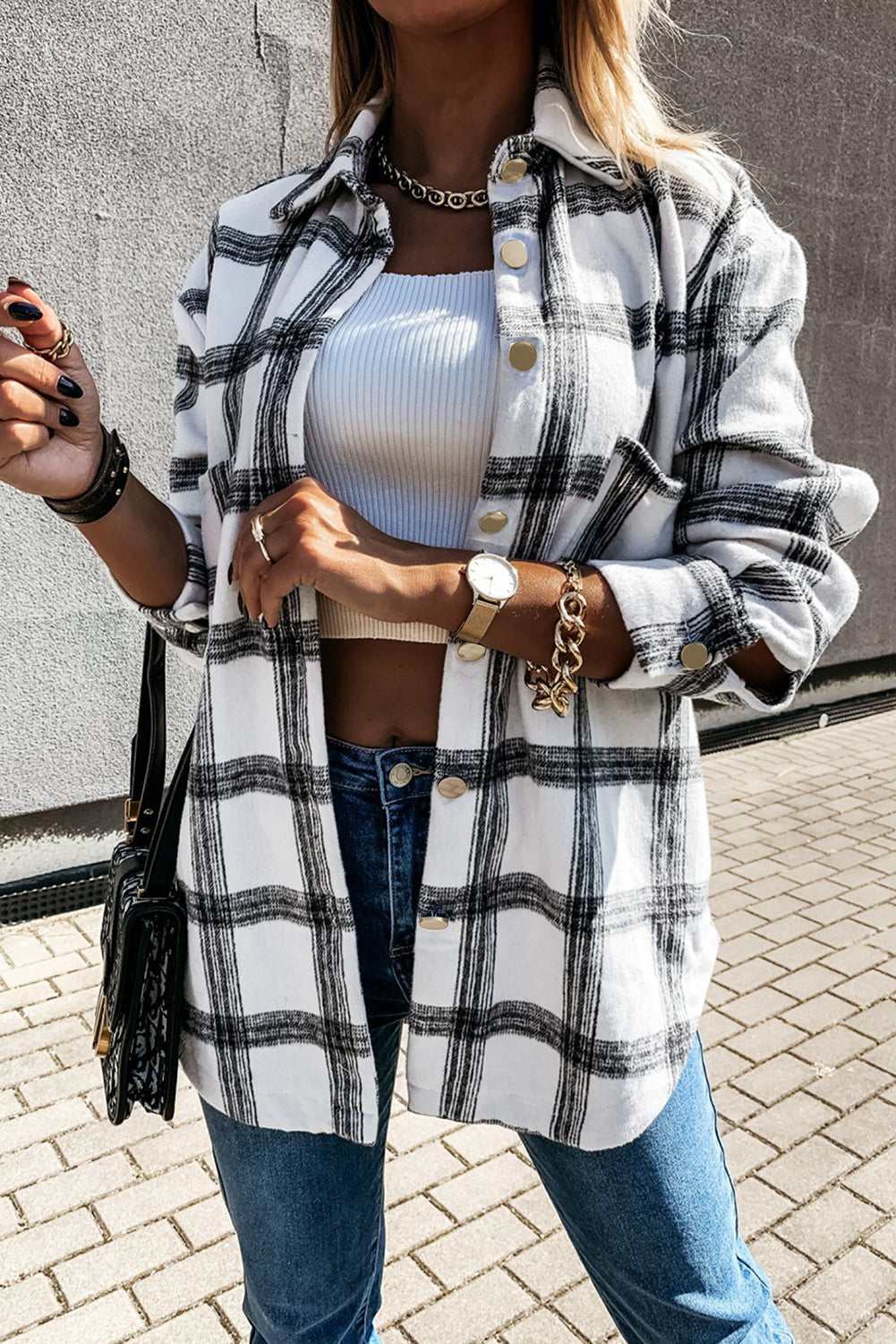 Black Casual Plaid Pattern Buttoned Shirt Shacket with Slit
