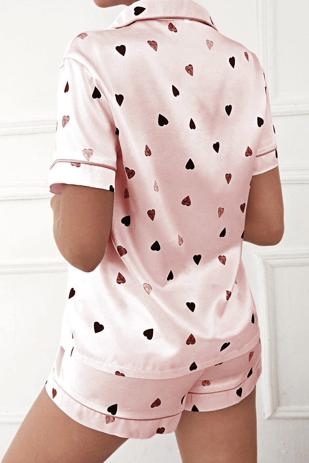 Pink Heart Print Pocket Shirt & Elastic Shorts Lounge Set