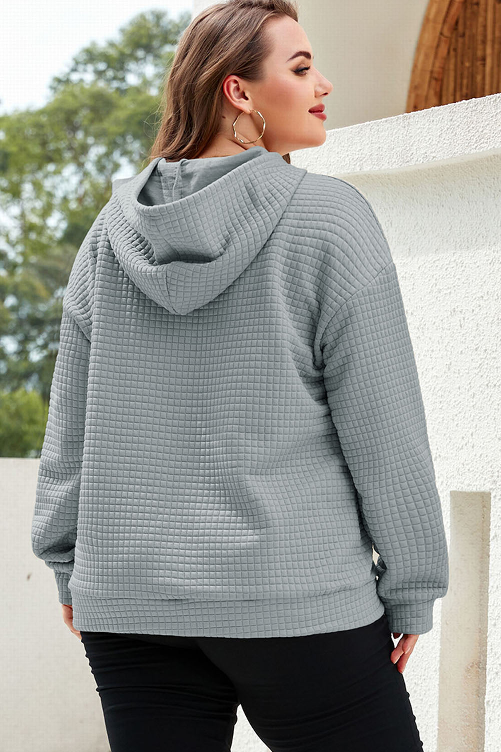 Gray Plain Kangaroo Pockets Quilted Plus Size Hoodie