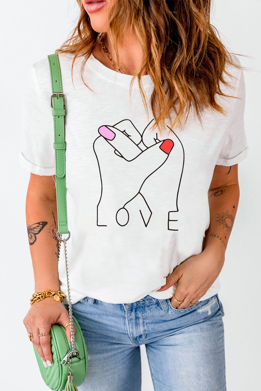 White Valentine LOVE Gesture Graphic Crew Neck T Shirt